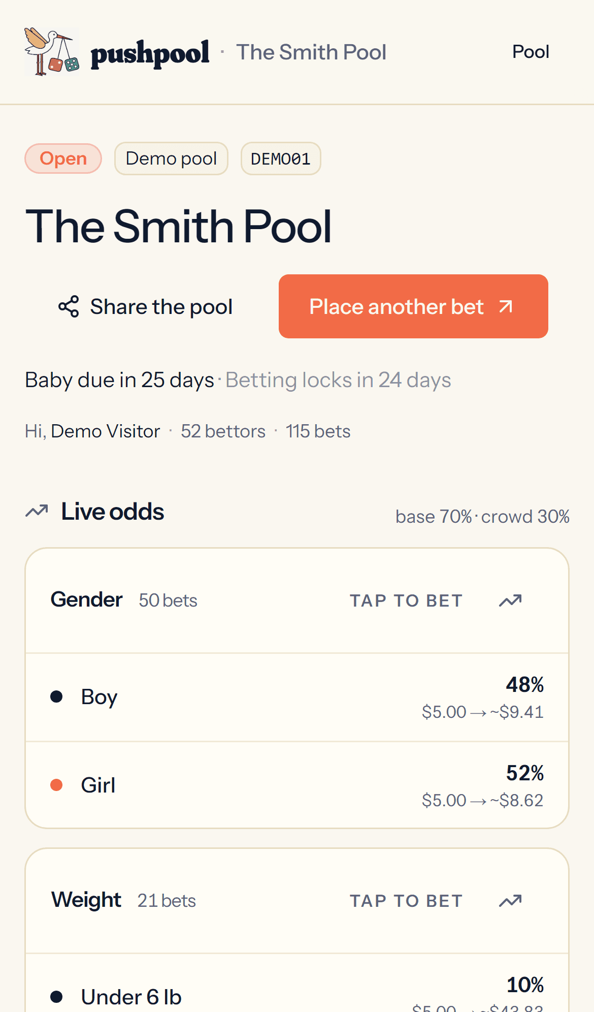 Pool page with live markets and all bets