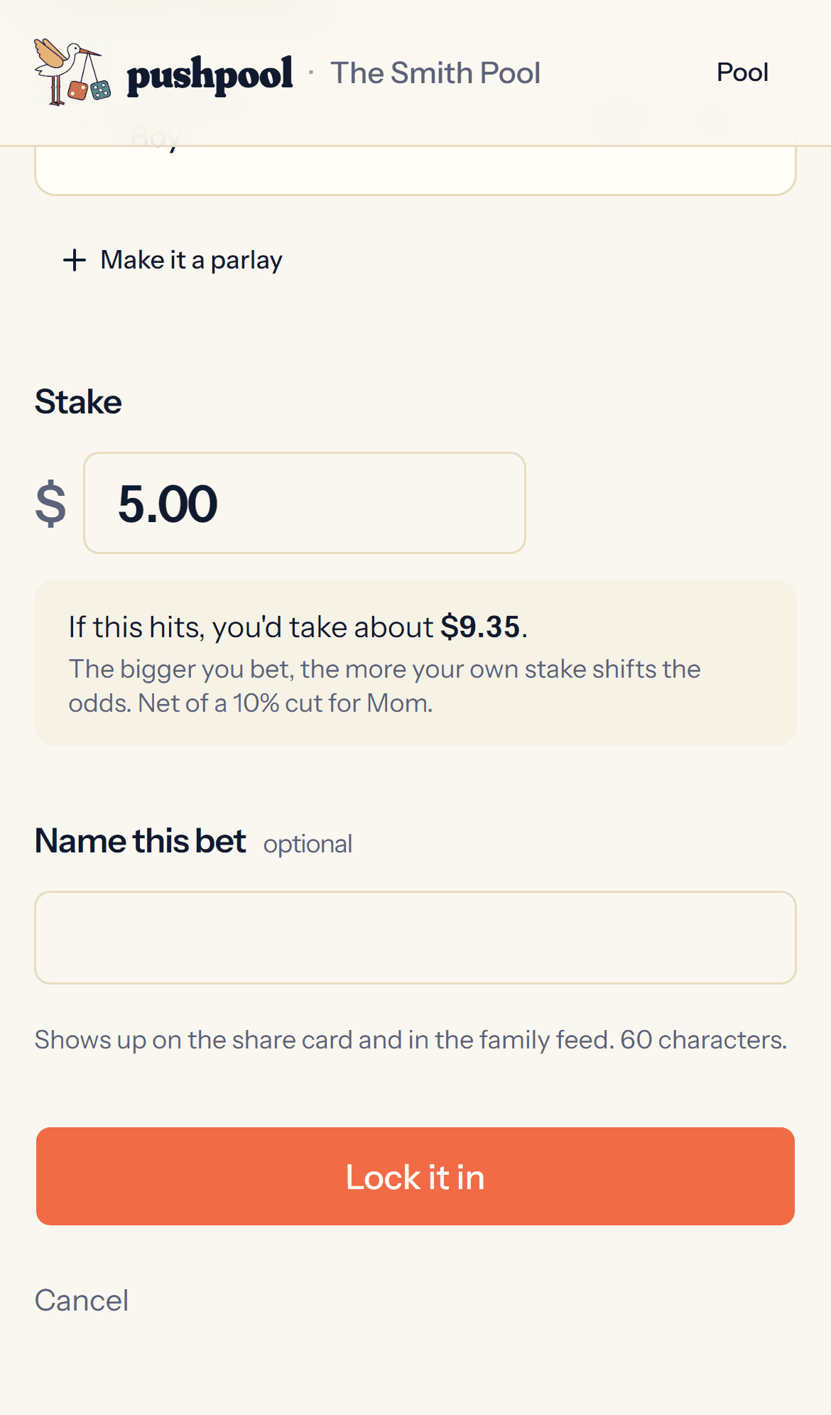 Bet placement form for a single-leg bet