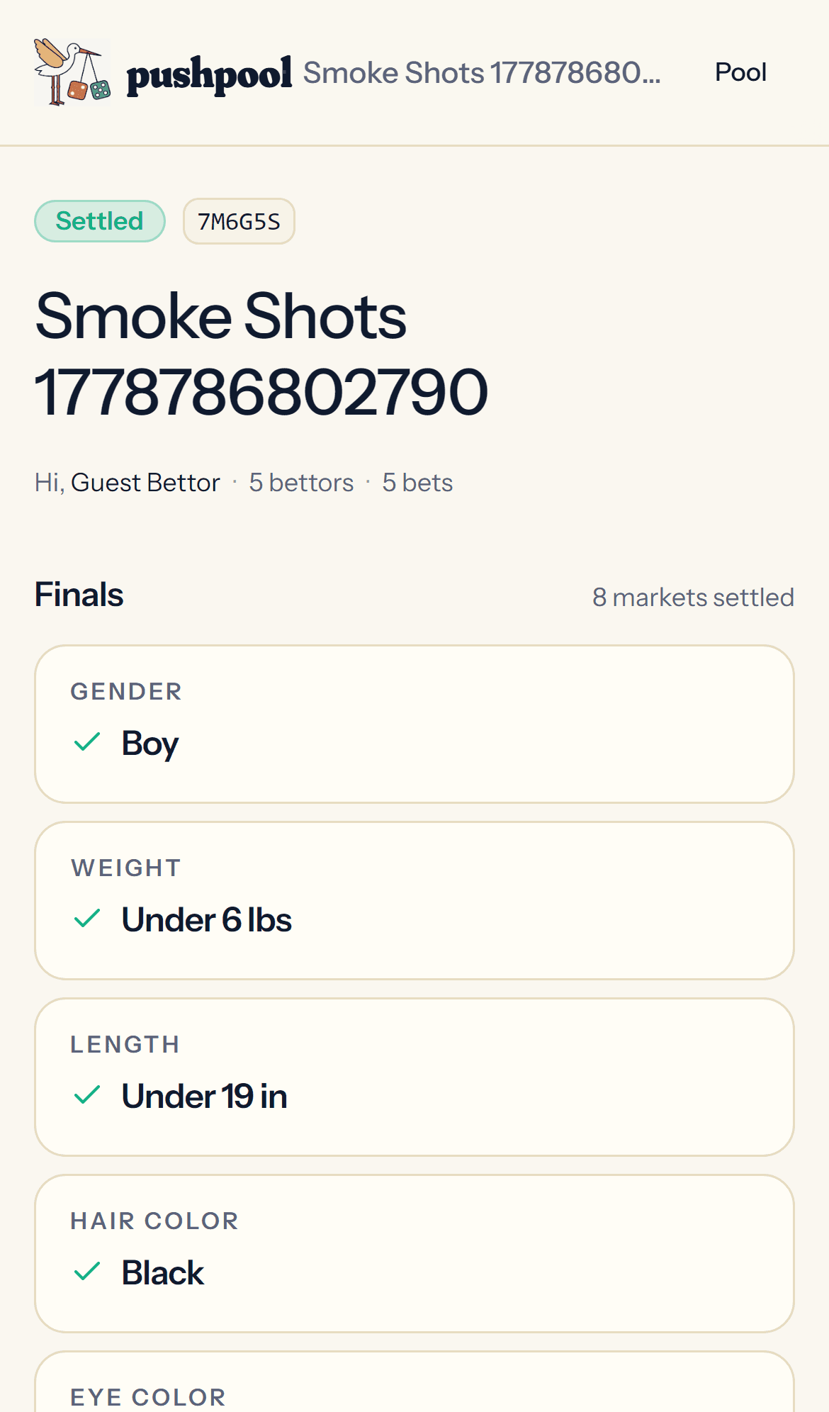 Settled pool from a guest view with winnings highlighted