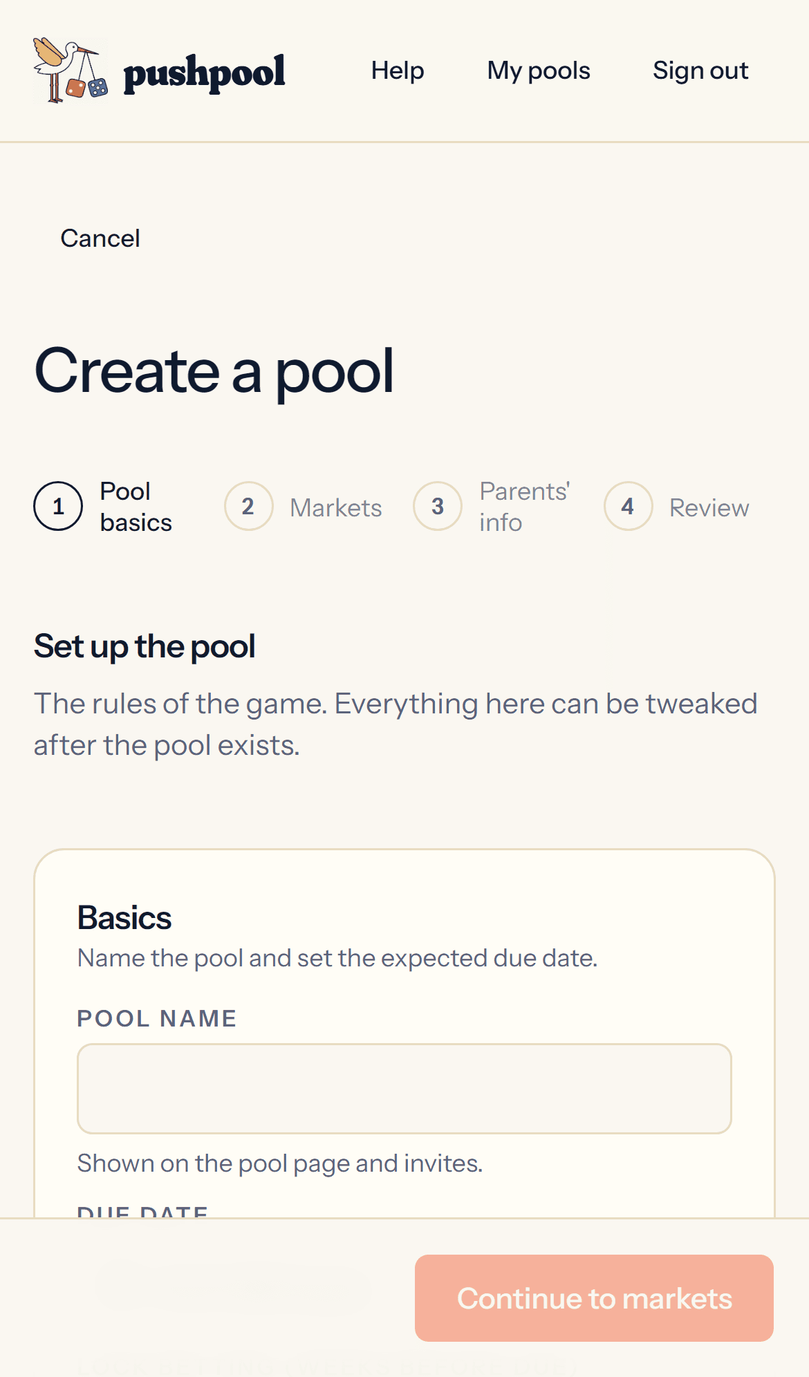 PushPool pool creation wizard on mobile