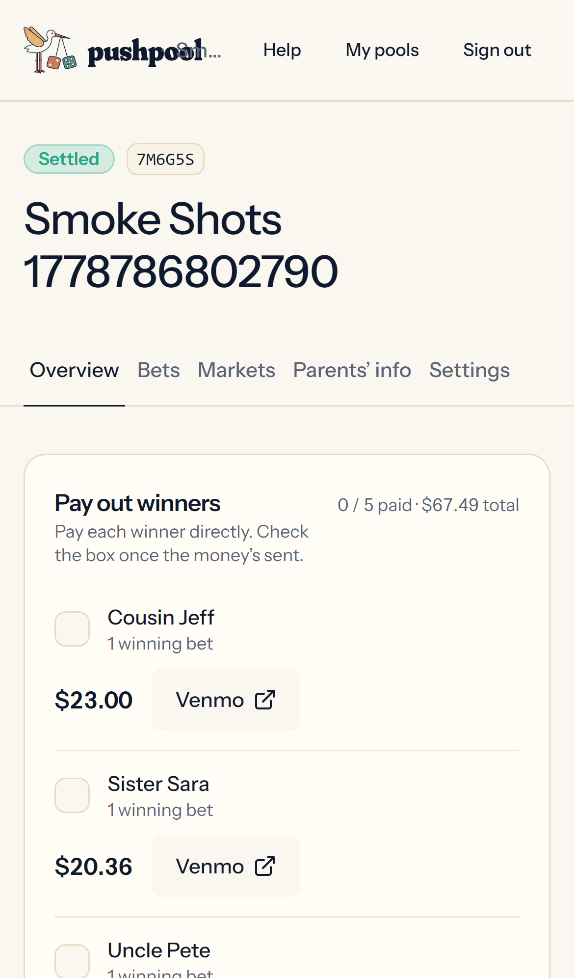 Settled pool showing finals, leaderboard, and payouts